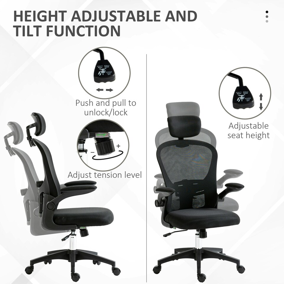image 1 of Vinsetto Mesh Chair with Headrest, 4D Lumbar Support, Flip-up Arm, Black Black