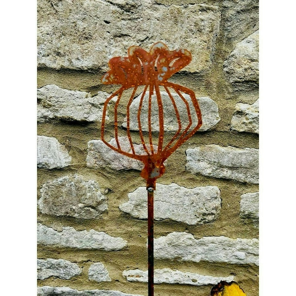 image 1 of 3 Feet Poppy Seed Head Plant Pin Garden Art (Pack of 3) - Bare Metal/Ready to Rust