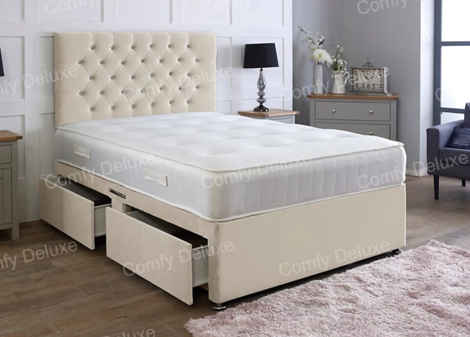 4ft6 Double Coffee Plush Velvet Divan Bed With Headboard & Memory Sprung Mattress 2 Drawers One Each Side