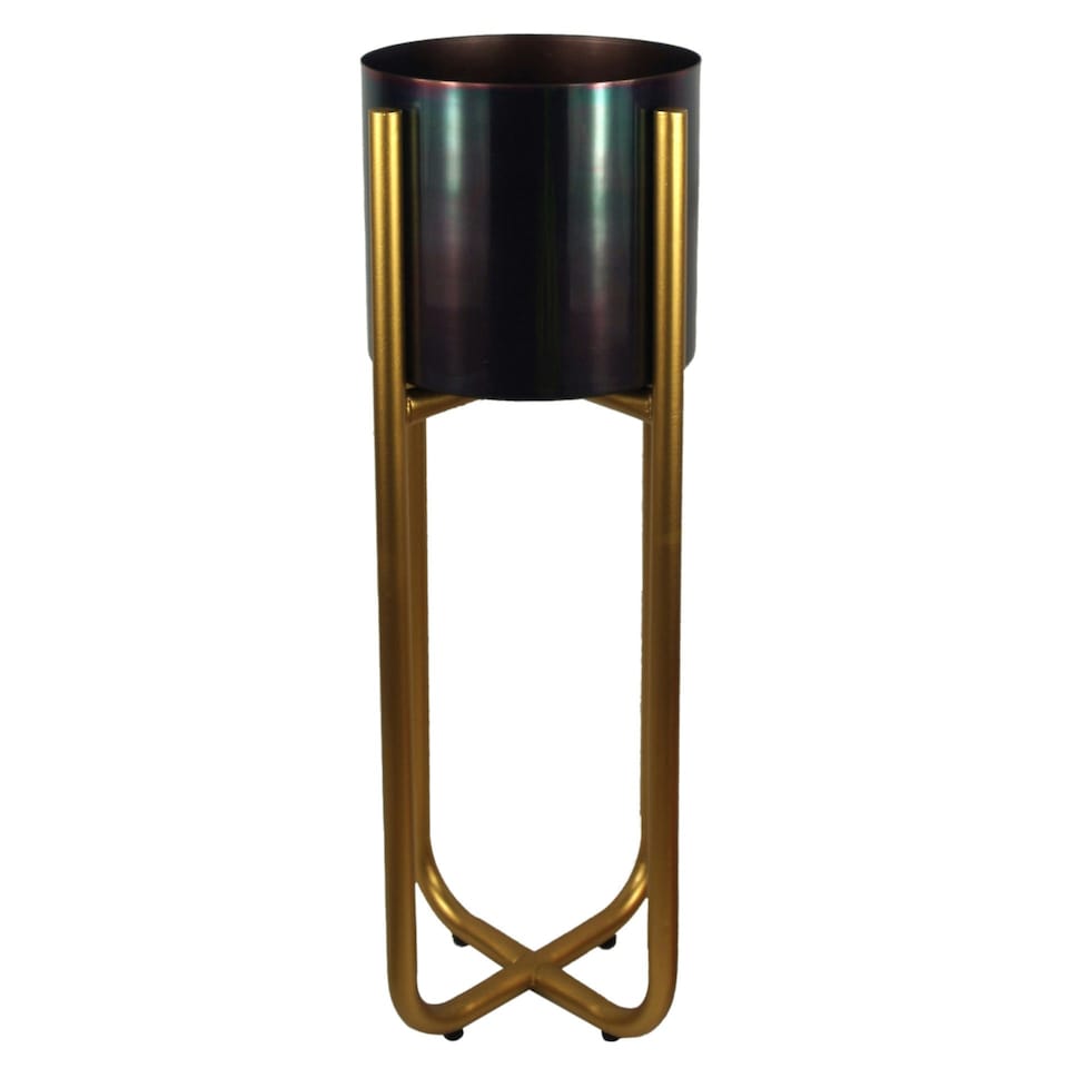 image 1 of Metal Planter Stand Gold Black Metal Plant Pot 62cm x 18cm Leaf Design UK Botanik Gold