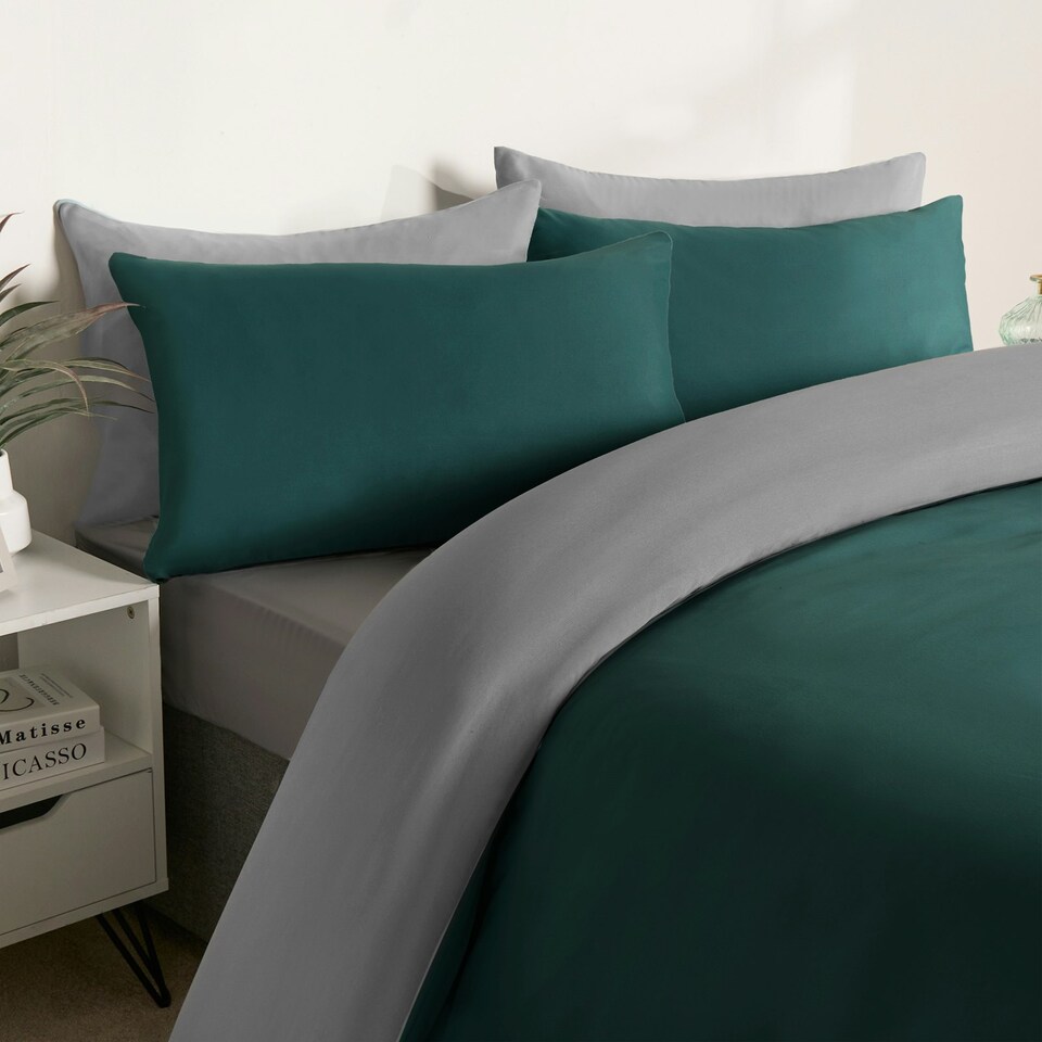 image 1 of OHS Reversible Microfibre Duvet Cover and Pillowcase Bedding Set Multi | Teal and Grey | Double