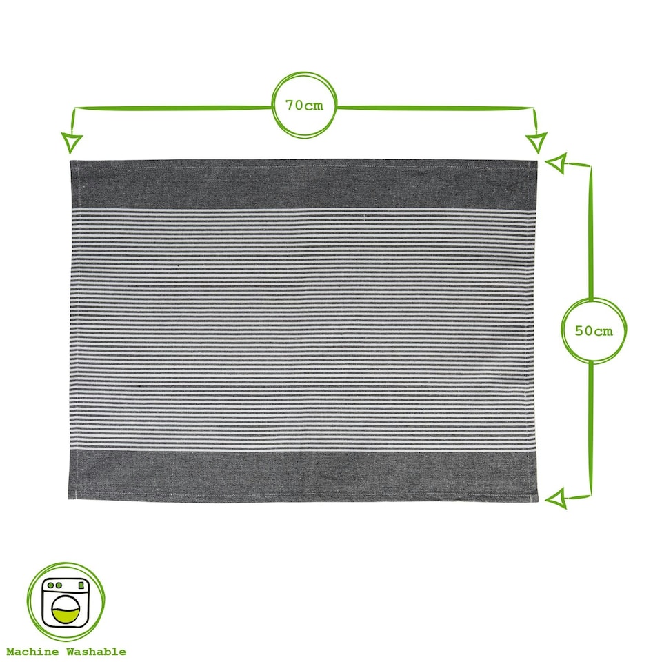 image 1 of Nicola Spring 100% Cotton Kitchen Tea Towels Cleaning Drying Cloth - 70cm x 50cm - Black Pinstripe - Pack of 2