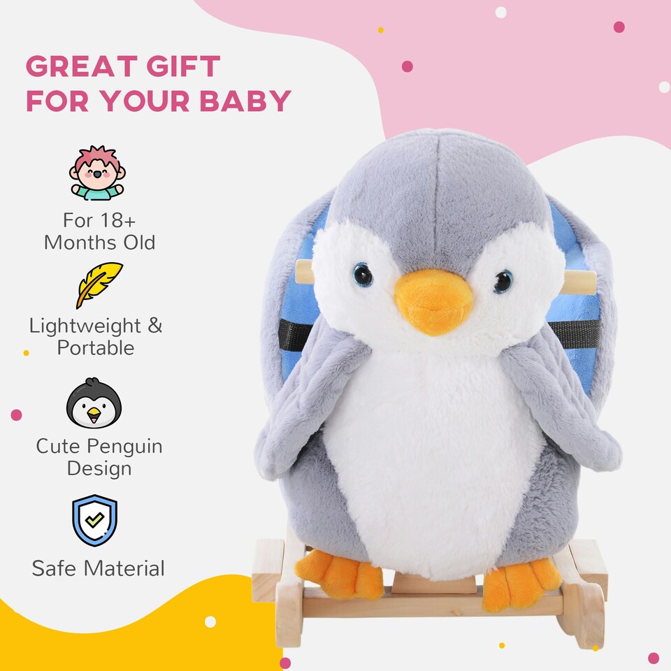 image 1 of HOMCOM Animal Baby Rocking Horse Penguin Plush Musical Button w/32 Songs Wood