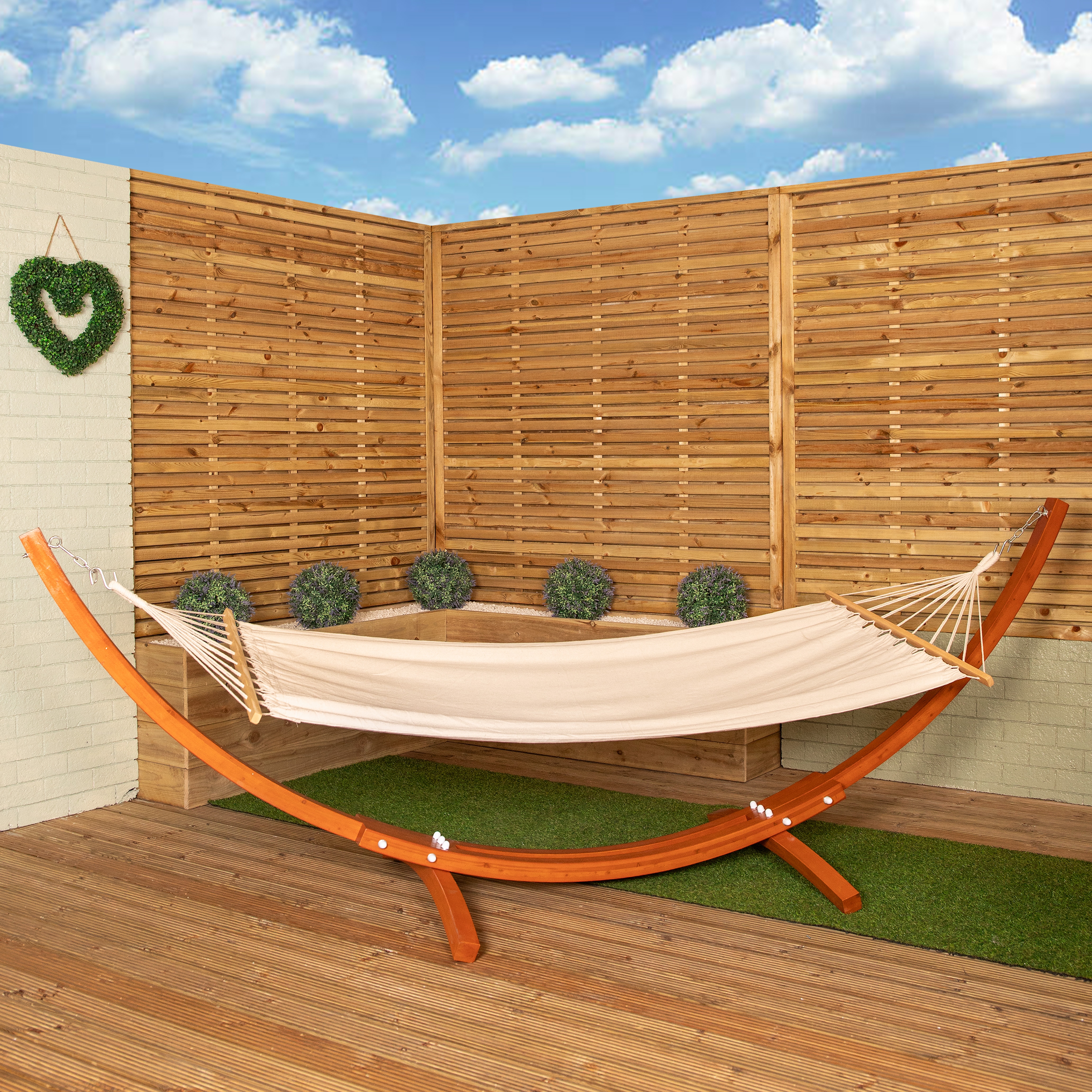 3.10m x 1.2m Palermo Freestanding Garden Hammock with Larch Wood Arc Stand in Cream | Multi | Cream / Brown
