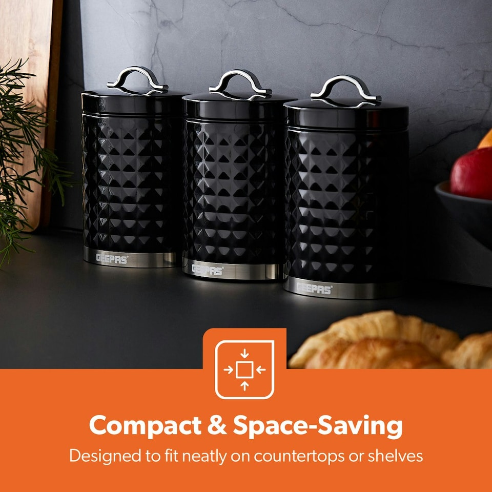 image 1 of GEEPAS 3-Piece Tea Coffee Sugar Canisters Set Black | Black