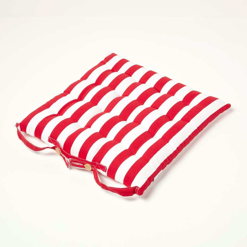 image 1 of Homescapes Red Stripe Seat Pad with Button Straps 100% Cotton - 40 x 40 cm - Set of 4 Red
