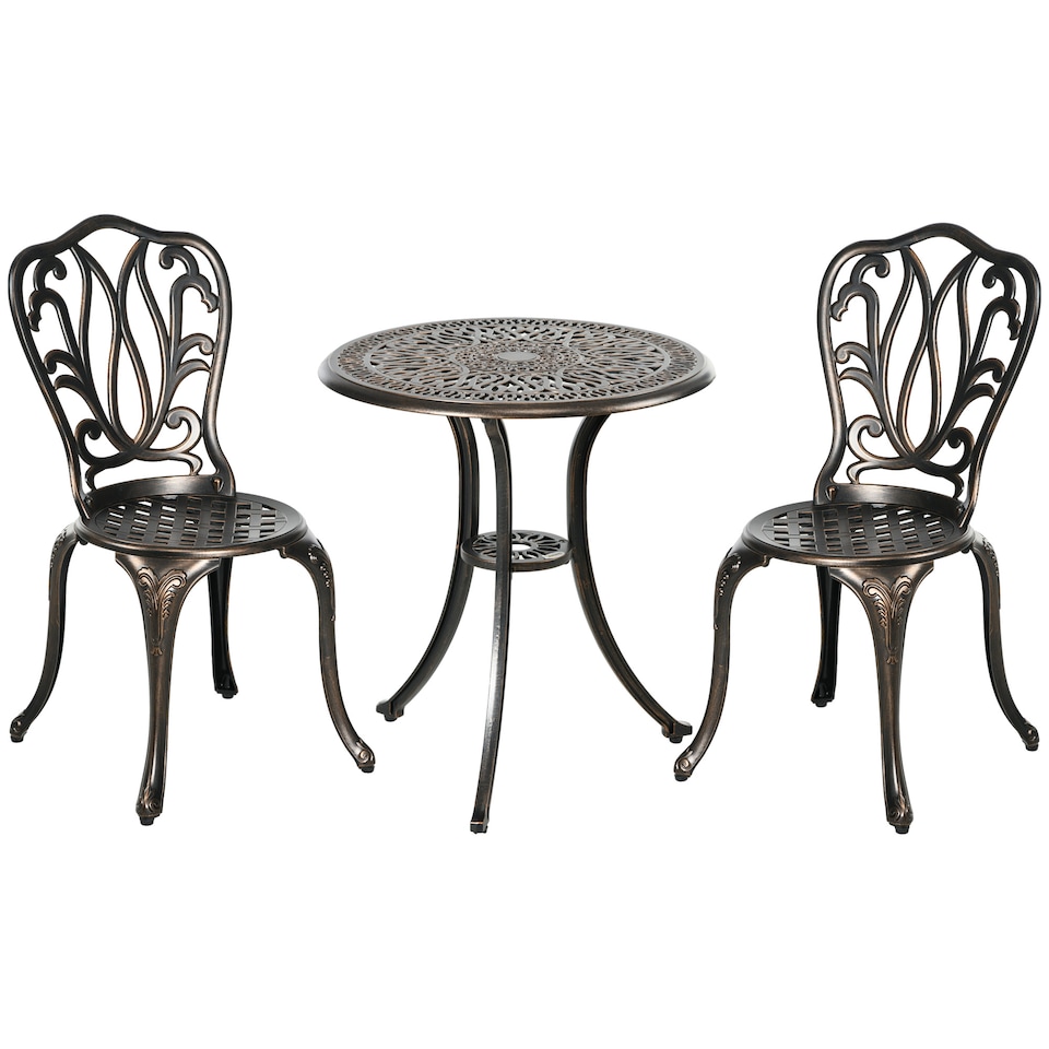 image 1 of Outsunny 3 Piece Garden Bistro Set, Cast Aluminium Outdoor Furniture Set with Umbrella Hole for Balcony, Porch, Patio, Bronze Tone
