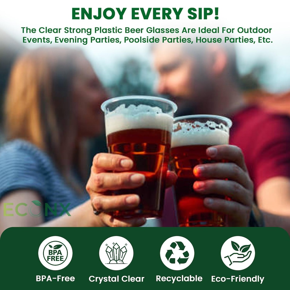 image 1 of ECONX 20oz Plastic Full Pint Cups Clear Beer Reusable Glasses For Pub Beach Parties 100pc
