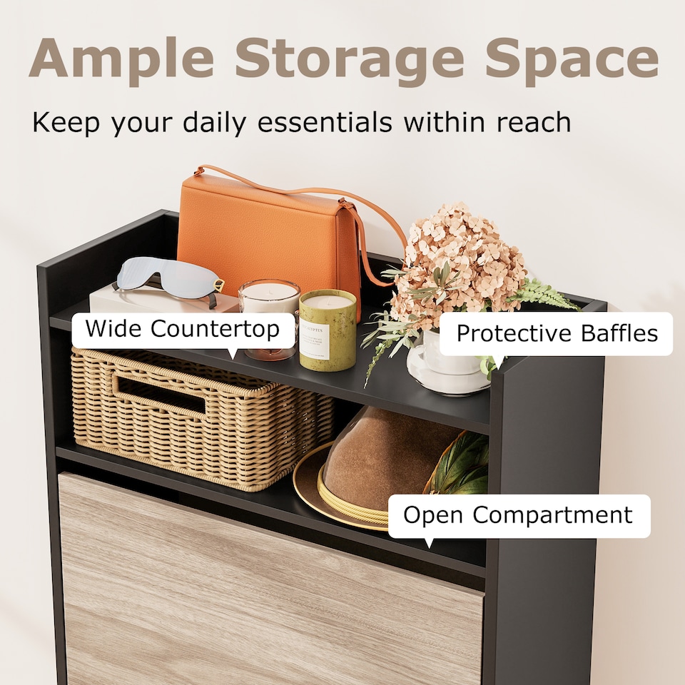 image 1 of COSTWAY Slim Hidden Narrow Shoe Organizer Cabinet with Open Storage-Black
