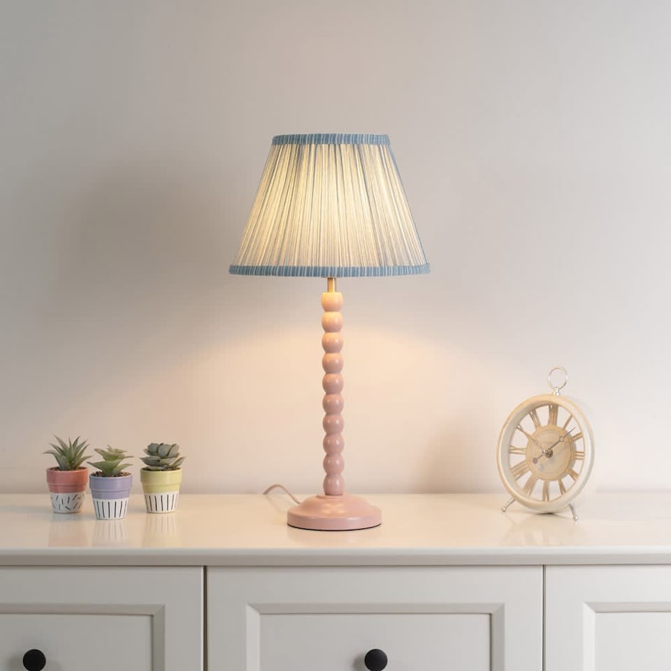 image 1 of ValueLights Bobbles Rose Pink Table Lamp Blue Pleat Shade | Pink