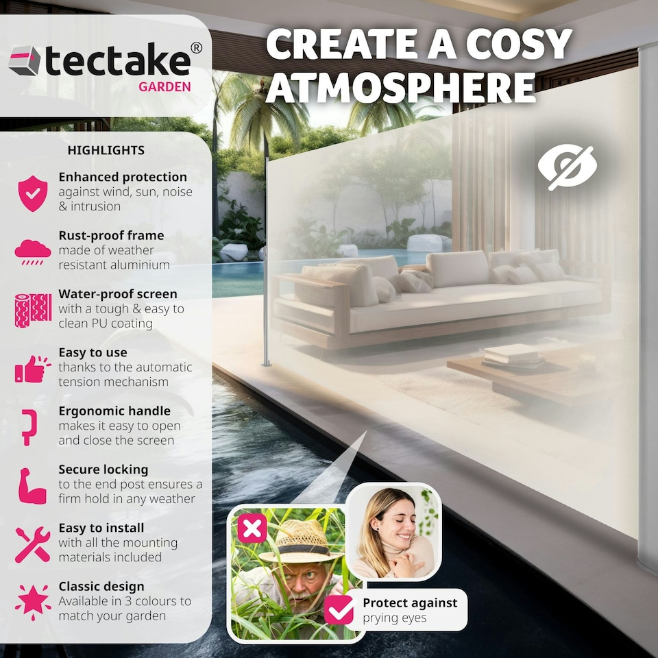 image 1 of Garden Privacy Screen with retractable side awning and aluminium casing Cream | 180 x 300 cm