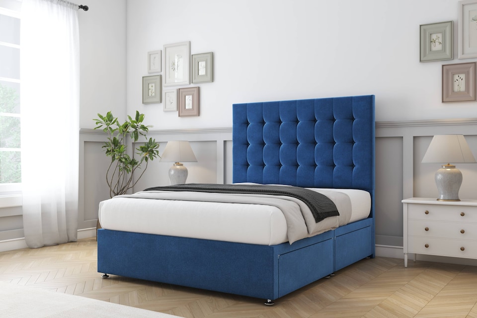 image 1 of Sloomy Alabama Navy Plush Divan Bed Base No Drawers With 54 Inch Floor Standing Headboard | Blue | Navy | Small Single | 1