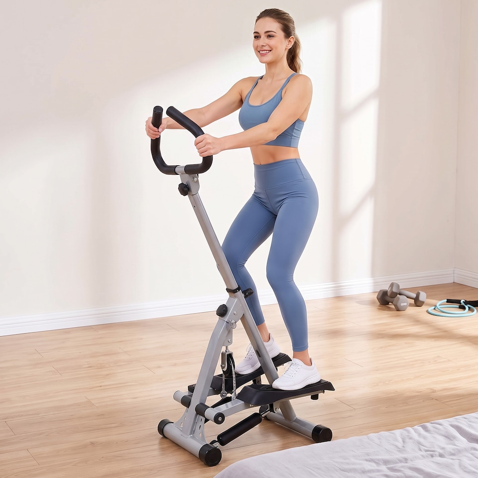 image 1 of HOMCOM Foldable Stepper Adjustable Step Machine w/ Handlebar LCD Display, Grey