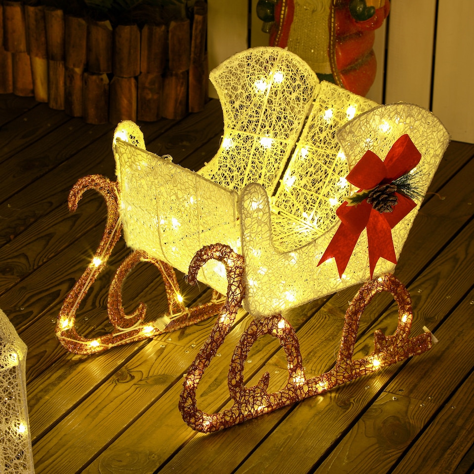 image 1 of Outsunny Light Up Reindeer and Sleigh Christmas Decoration, Outdoor Lighted Deer Xmas Decor with 170 LED Lights for Holiday, Lawn, Garden, Yard, White