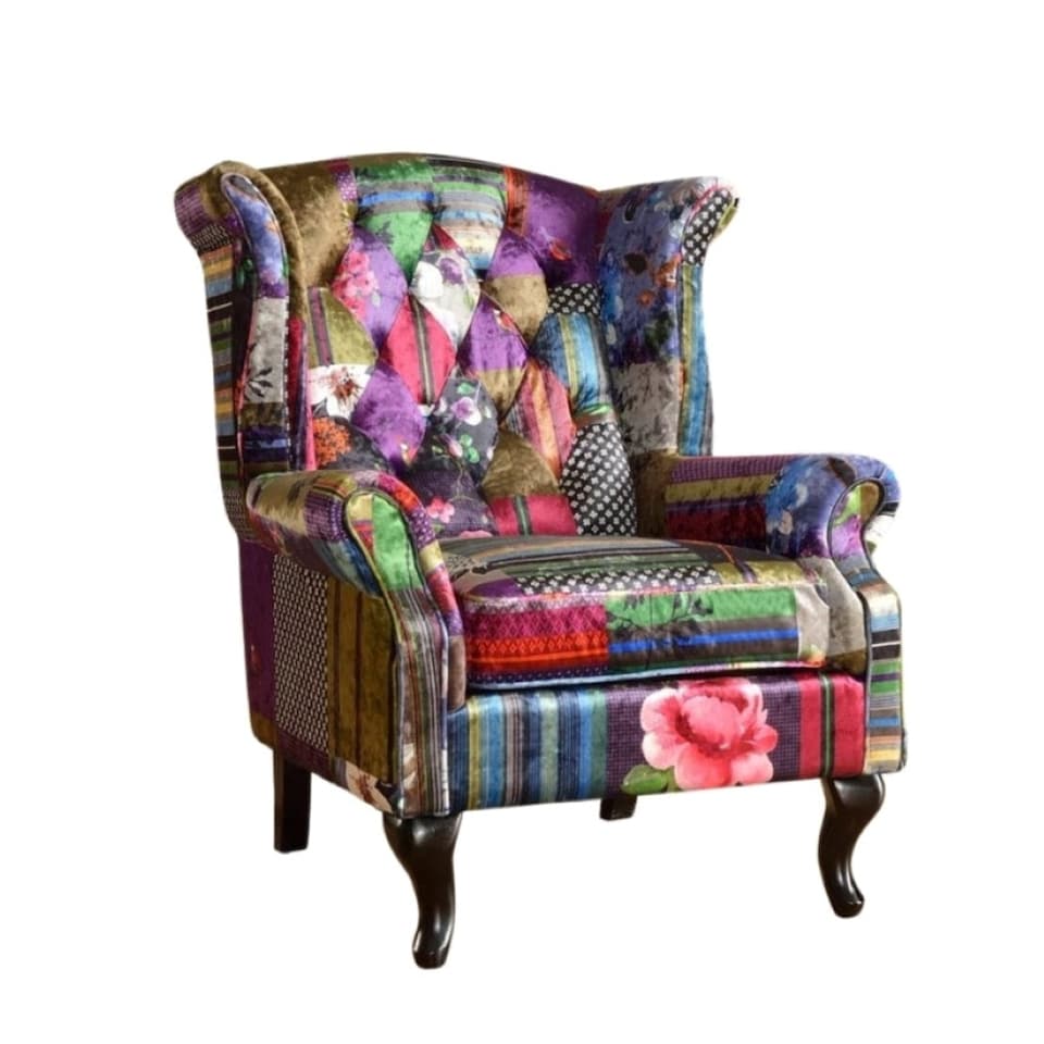 image 1 of Fabric Patchwork Chesterfield Avici Scroll Wingback Chair