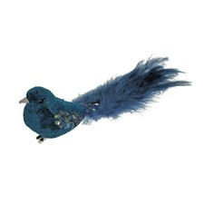 Decorative Peacock Blue Velvet Bird With Clip - 20cm