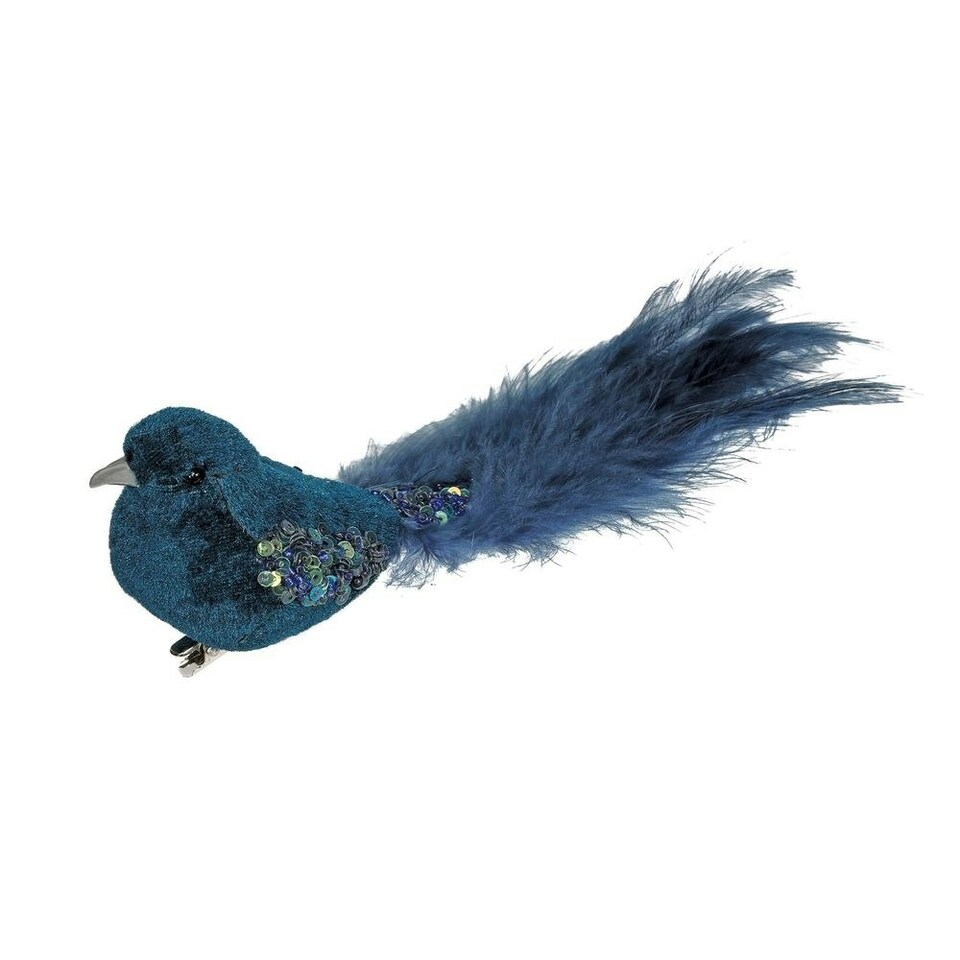 image 1 of Decorative Peacock Blue Velvet Bird With Clip - 20cm