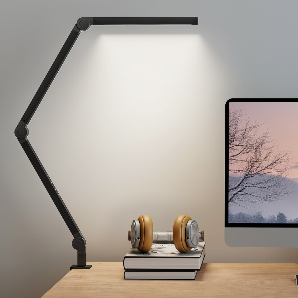 image 1 of HOMCOM LED Desk Lamp, Dimmable Desk Light with Swing Arm and Clamp, Adjustable Eye-Caring Table Lamp with 2 Colour Modes & 5 Brightness Levels for Study, Drawing, Office, Architect, Task, Black | Black