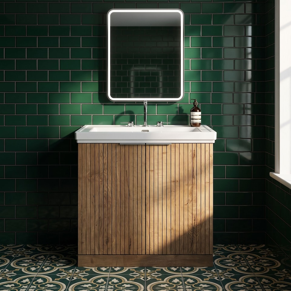 image 1 of Balterley Callingwood Contemporary Floor Standing 2 Door Vanity Unit with Traditional 3 Tap Hole Fireclay Basin , 800mm, Autumn Oak