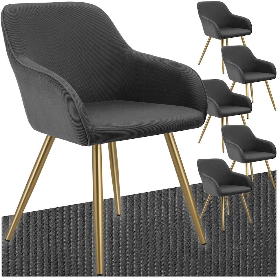 image 1 of Dining Chair Marilyn - corduroy look, upholstered, armchair, continuous backrest - Set of 6 Grey | Anthracite/Gold