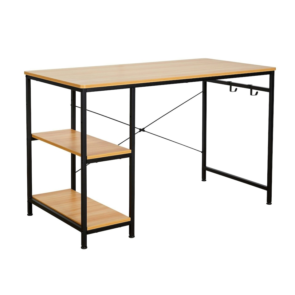 image 1 of Computer Desk Adjustable Shelves Storage Hook Office Table Workstation Brown | Light Oak