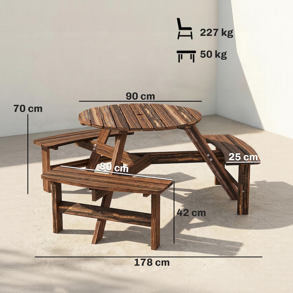 image 1 of Outsunny 6 Person Fir Wood Table Bench Set Outdoor Garden Patio, Carbonized | Brown | Carbonised finish | Table: 90 x 70 cm; Bench: 80 x 25 x 42 cm
