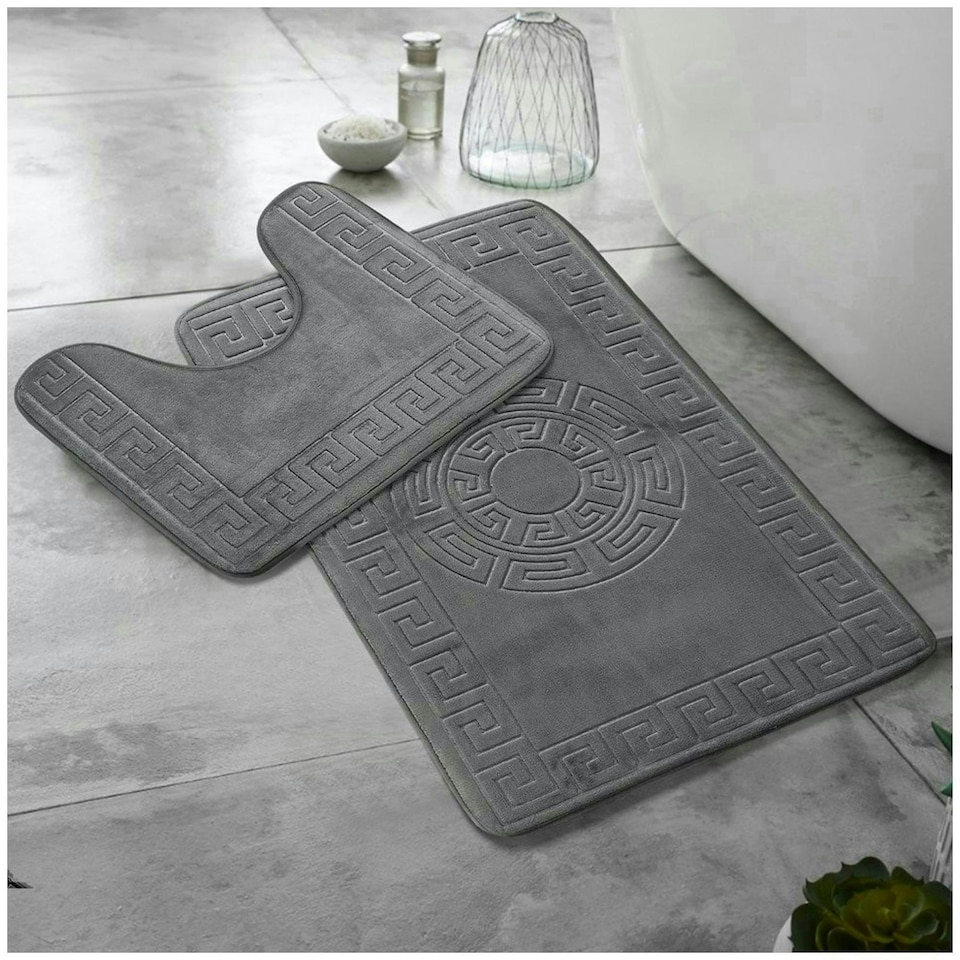 image 1 of VELVETIO Bath Mat Set Greek Pattern Anti Slip Memory Foam Toilet Rug Blue | Royal Blue