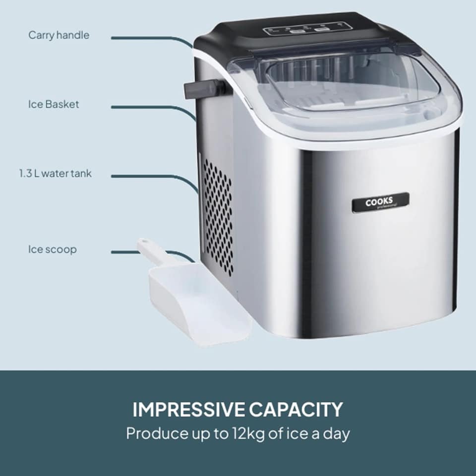 image 1 of Cooks Professional Ice Maker Machine with Scoop & 1.3L Tank - Makes 12KG Per Day | Silver