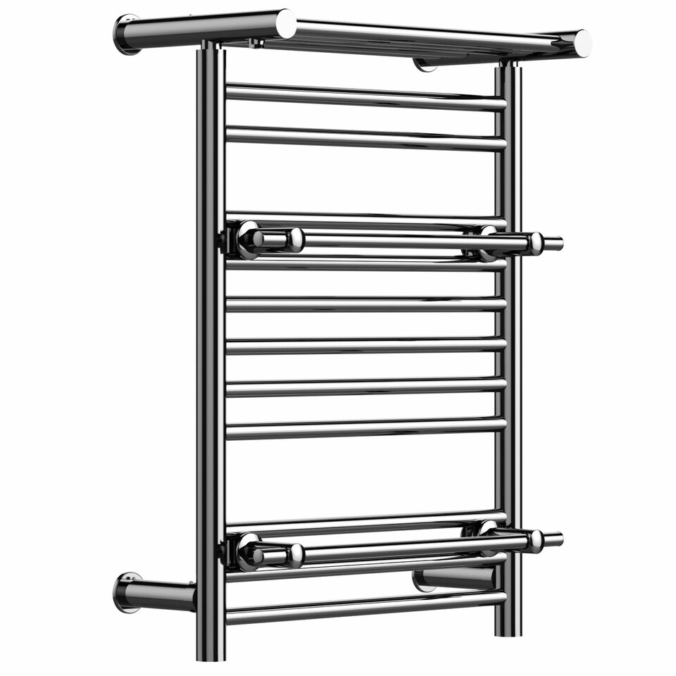 image 1 of 490mm x 680mm Chrome Heated Towel Rail Radiator Top Shelf & Two Towel Holder OSLO For Bathroom & Kitchen Rag Storage Rack