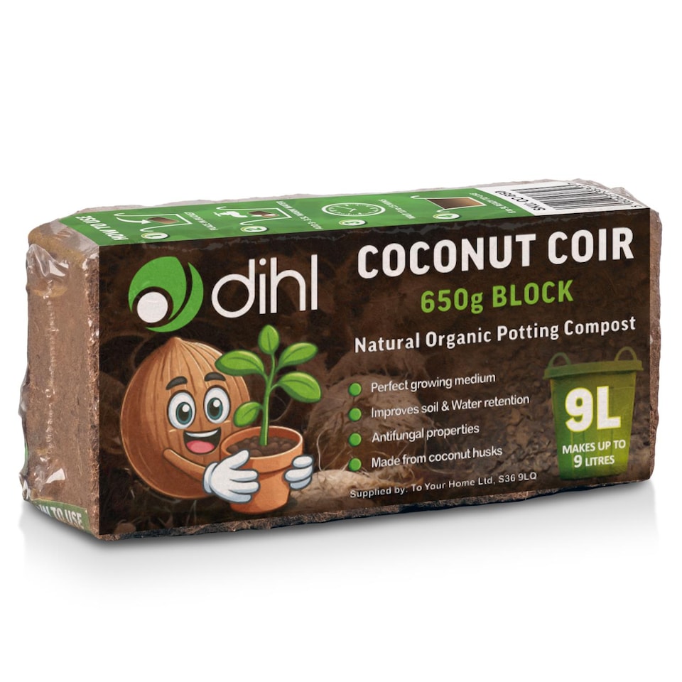 image 1 of Dihl 15x 650g Organic Coconut Coco Coir Fibre Compost Block Bricks, 100% Natural Compressed Peat-Free Garden Growing Medium, Seedling Potting Beeding Soil, pH Balanced - 9.75 KG 135 Litres