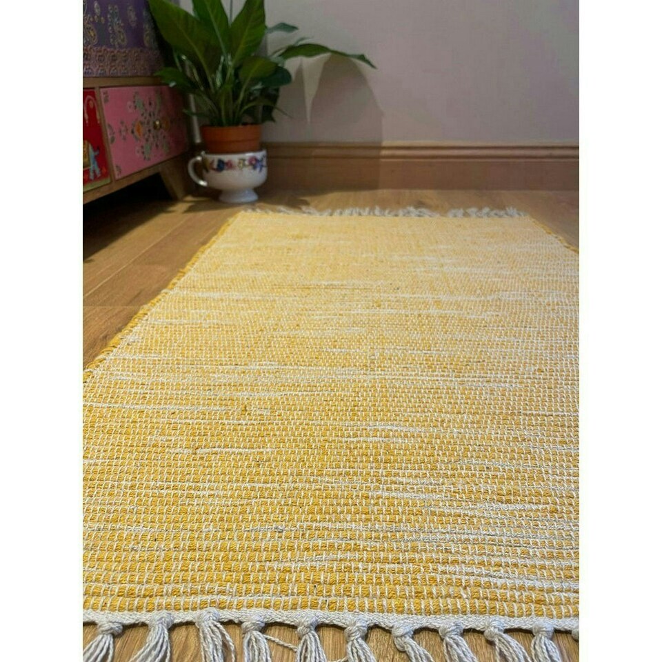 image 1 of Hush Hand Loomed Soft Rug in Muted Colours - Cotton - L120 x W180 cm - Mustard Yellow