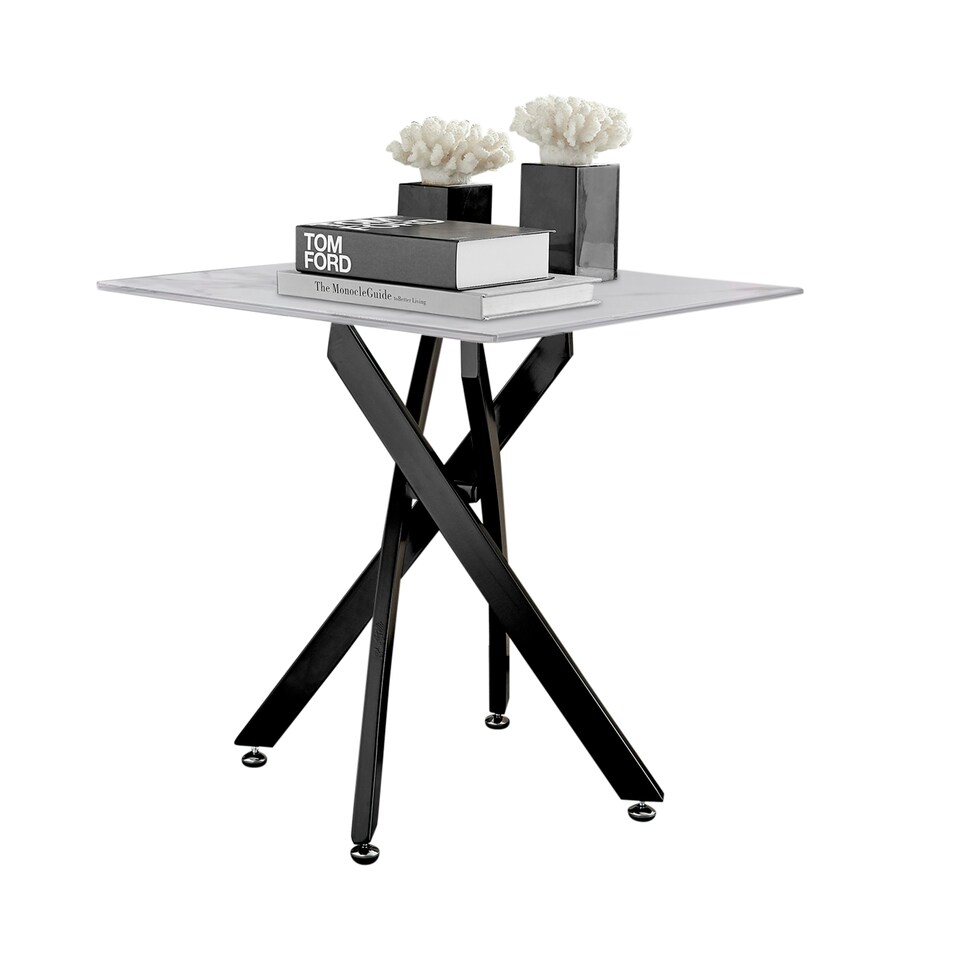 image 1 of Furniturebox Leonardo Side Table White Glass Marble Effect Top Black Legs