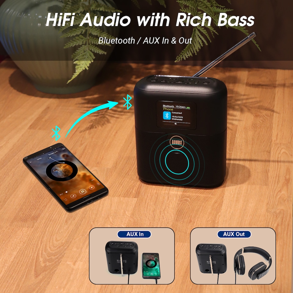 image 1 of Rechargeable DAB/DAB+/FM Radio Dual Alarm Clock & Bluetooth Speaker, Colour LCD Screen, AUX In/Out, for Bedside, Kitchen, Office or Outdoor - August MB330B