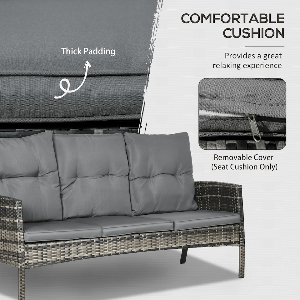 image 1 of Outsunny 5 Seater Rattan Garden Furniture Set, 2 Armchairs, 3-Seater Wicker Sofa, 2 Footstools and Glass Table, 6 Piece Patio Rattan furniture Sofa Sets with Cushions for Conservatory, Mixed Grey