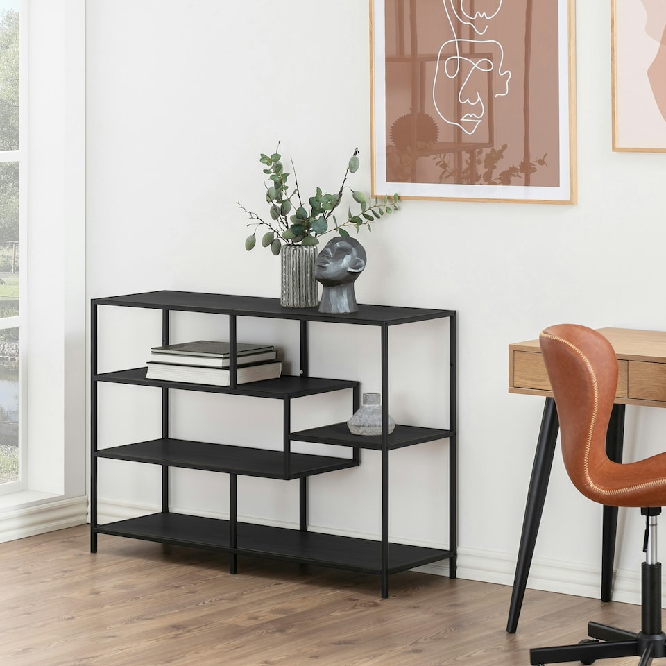 image 1 of Seaford Wide Black Metal Bookcase with 4 Black Oak Shelves