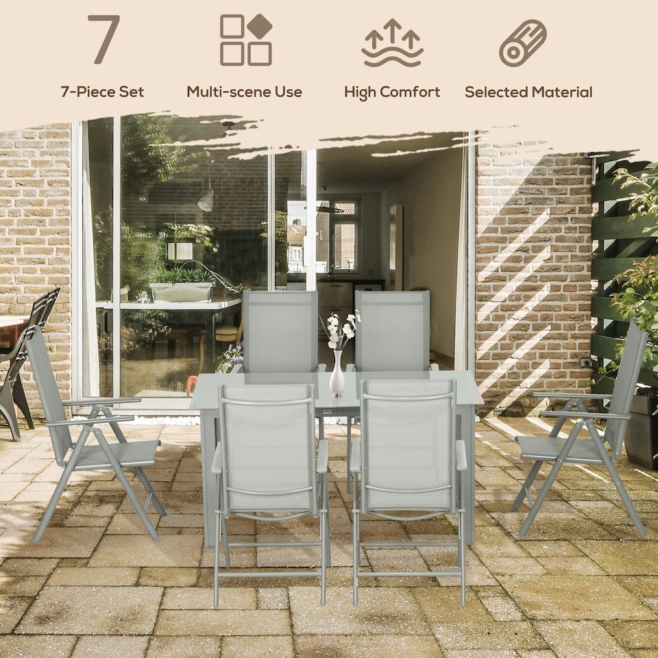 image 1 of Outsunny 7 Piece Garden Dining Set, Outdoor Table and 6 Chair, Aluminium, Black