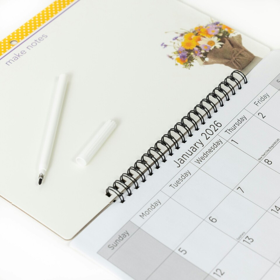 image 1 of 2026 Monthly Memo Board Calendar & Pen Flowers Design