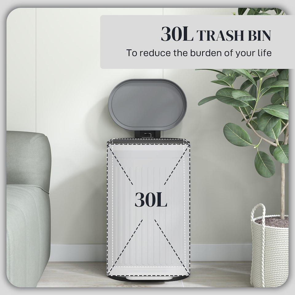 image 1 of HOMCOM 30L Pedal Bin, Metal Kitchen Bin with Soft-close Lid, Grey