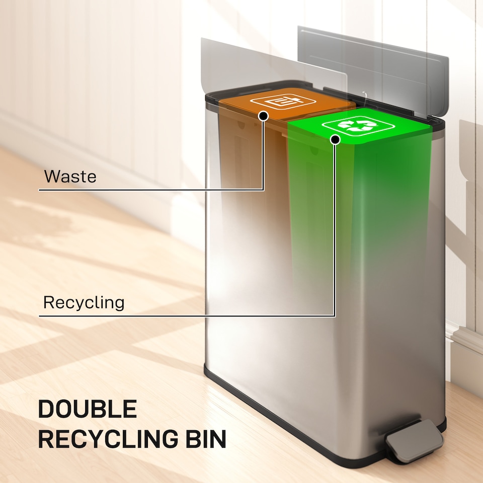 image 1 of 56L Dual Kitchen Bin with Removable Inner Buckets for Recycling and Waste | Silver