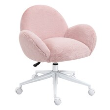 HOMCOM Fluffy Desk Chair, Cute Makeup Vanity Chair with Rolling Wheels for Home Bedroom Living Room, Pink