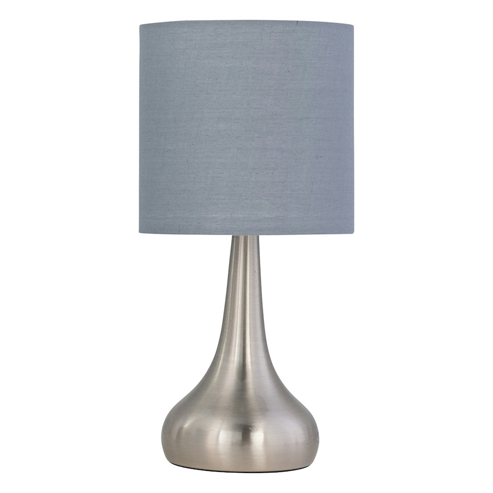 image 1 of Set of 2 Romana - Brushed Chrome Touch Operated Table Lamps Bedside Lights Grey Cotton Shade Silver | Grey
