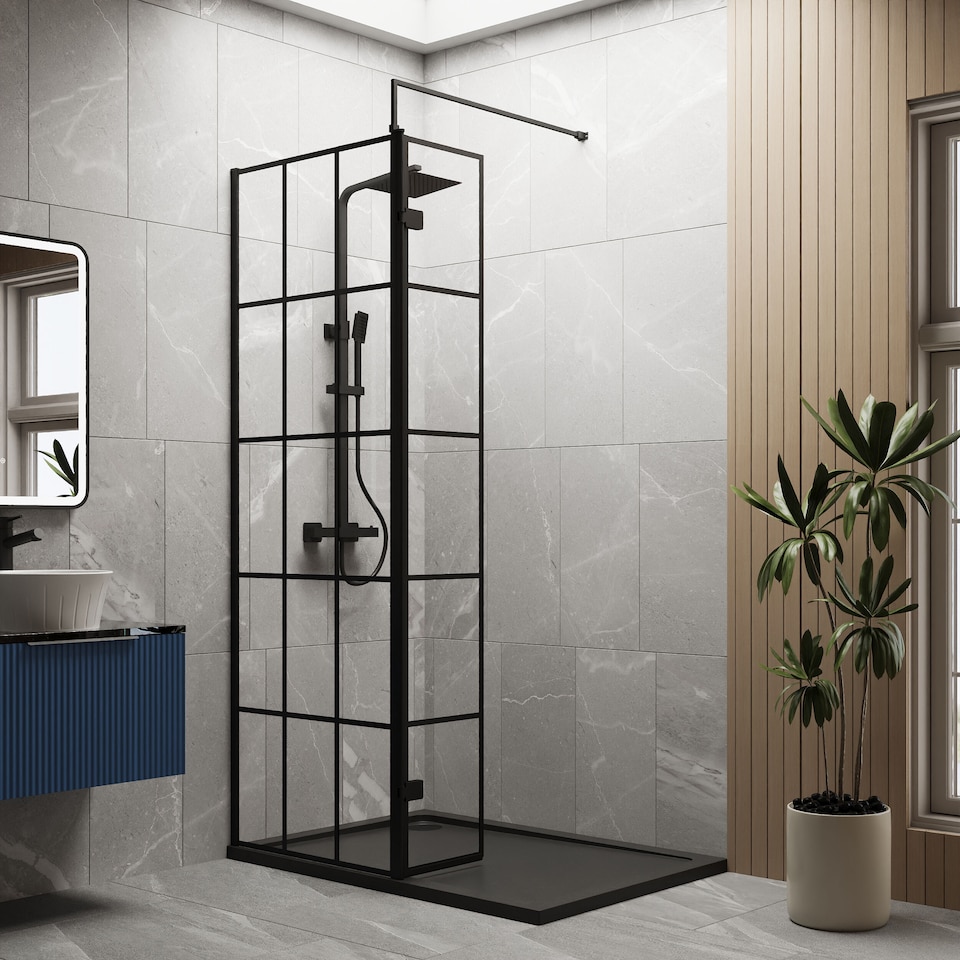 image 1 of 8mm Glass Wetroom Screen, Return Black Framed and Tray 1200 x 800mm | Black | Matt Black