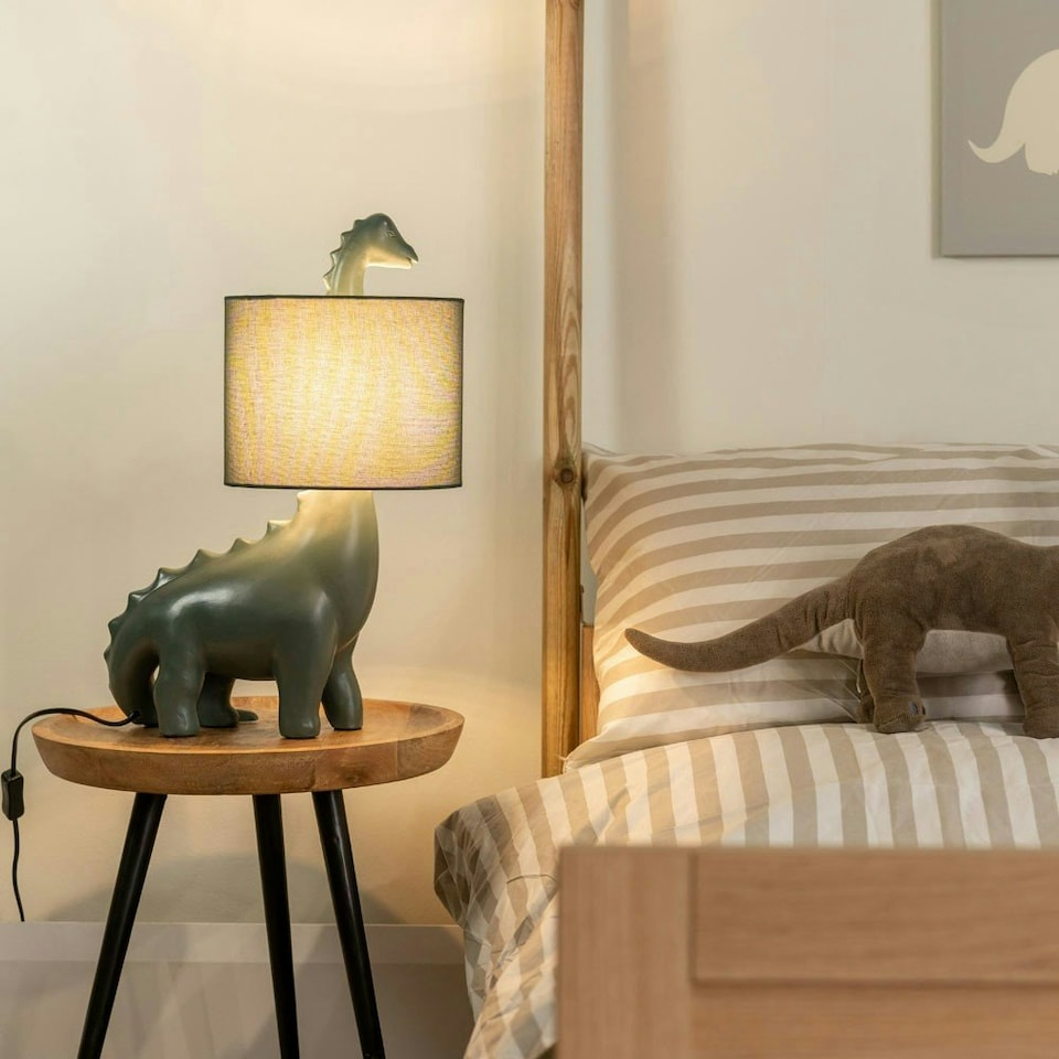 image 1 of ValueLights Kids Green Dinosaur Bedside Table Lamp with Drum Fabric Shade - Including Bulb Green