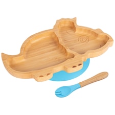Tiny Dining Bamboo Dinosaur Baby Weaning Plate & Fork Set - Blue