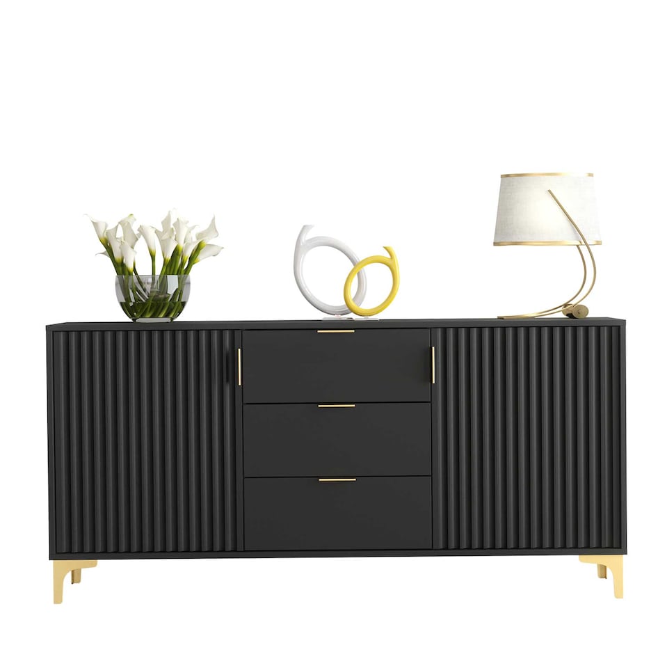 image 1 of Sideboard Cabinet Storage Cupboard Drawers Black Grooved Doors Loft Retro Industrial Living Dining Room Hallway Furniture 140cm