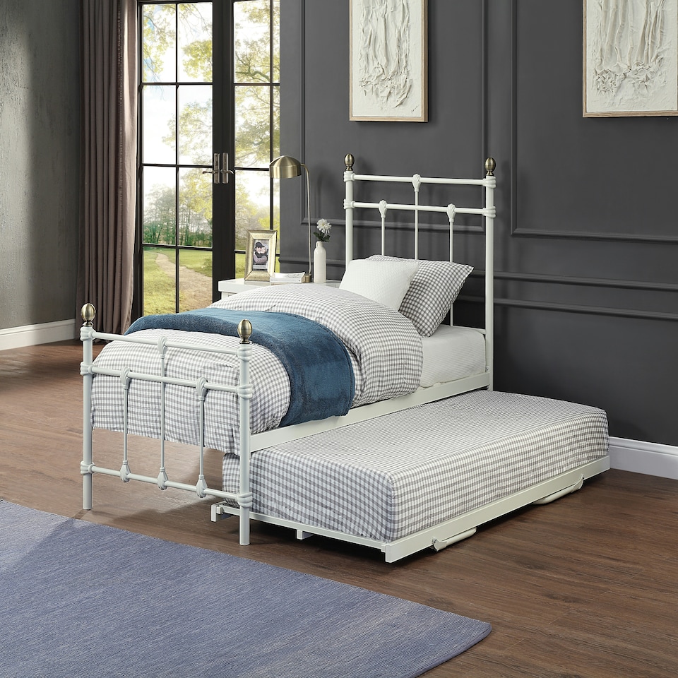 image 1 of Bayford Traditional Single White Metal Bed Frame with Guest Trundle Bed | White | White | Single