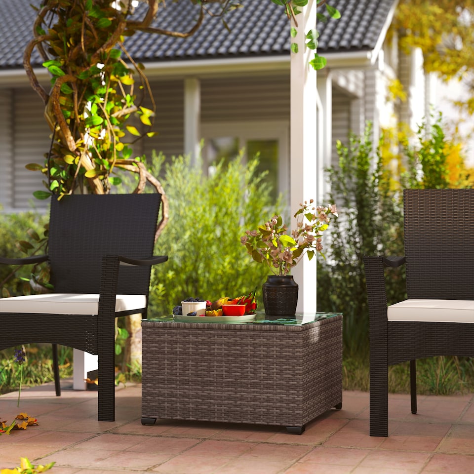 image 1 of Outsunny Outdoor Coffee Table with Glass Top, Rattan Side Table, Dark Grey