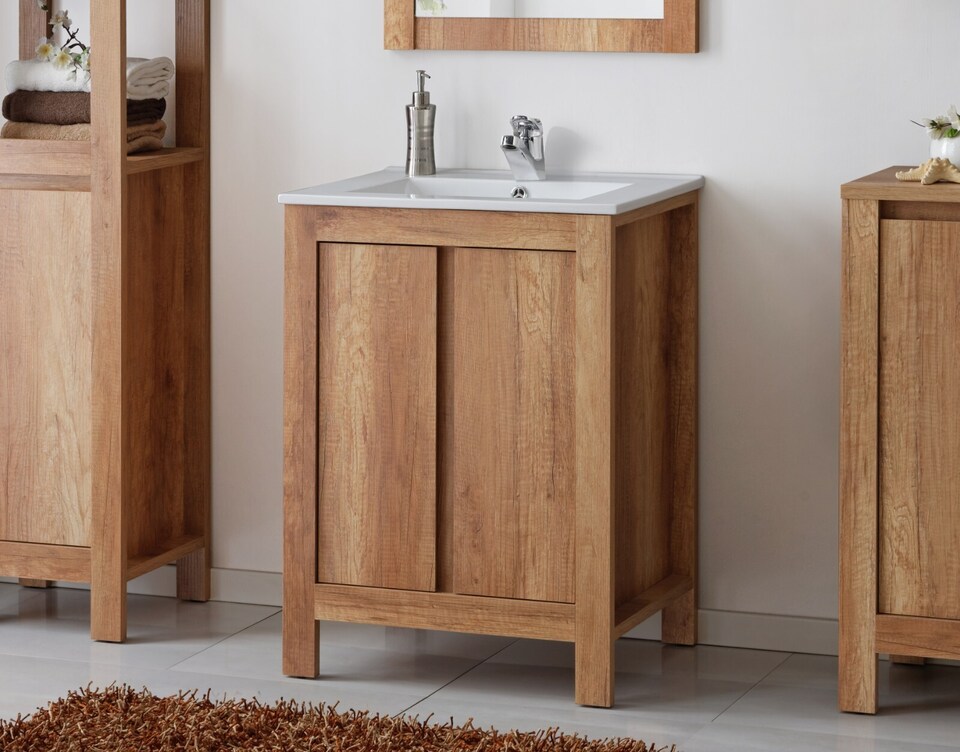 image 1 of Bathroom Furniture Set 600 Sink Vanity, Mirror, Freestanding Storage Cabinet Oak Effect Classic