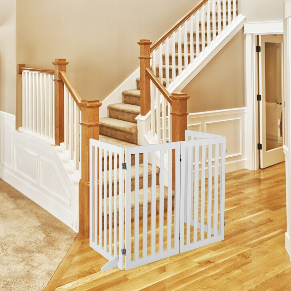 image 1 of COSTWAY 4-Panel 89 cm Pet Barrier Wooden Freestanding White