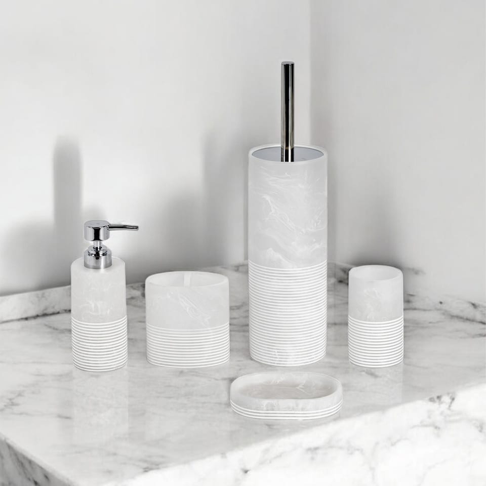 image 1 of Showerdrape Bianco Frost Onyx White Striped 5 Piece Bathroom Accessory Set | White | 1